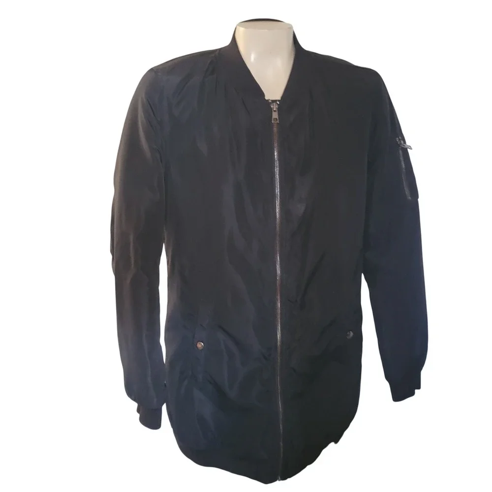 BE COOL Black Long Bomber Jacket Womens Zip Front Casual Outerwear M lightweight